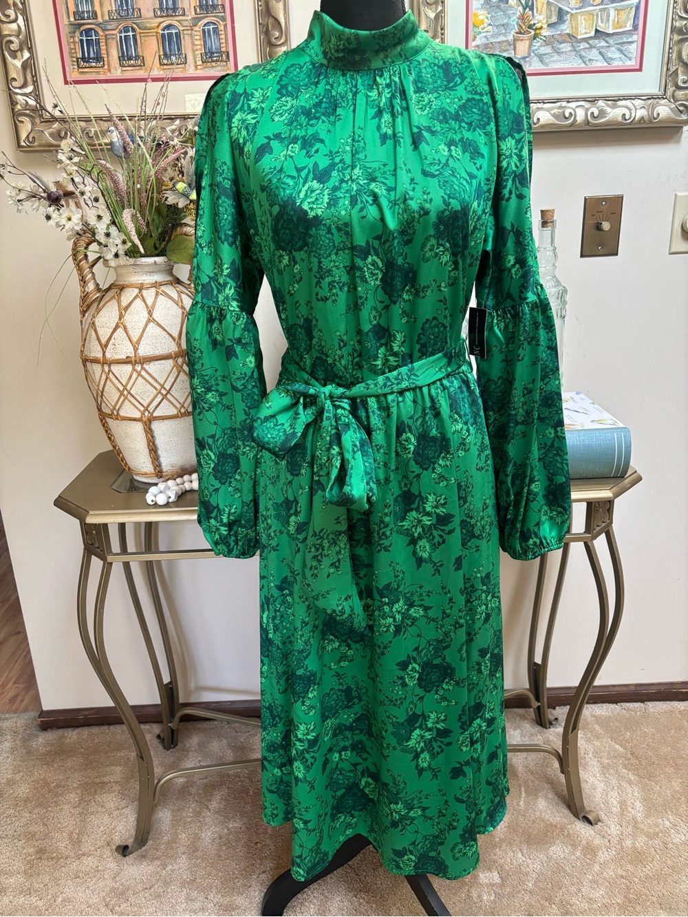 INC International Concepts Emerald Green Floral Tie-Waist Midi Dress Mock Neck